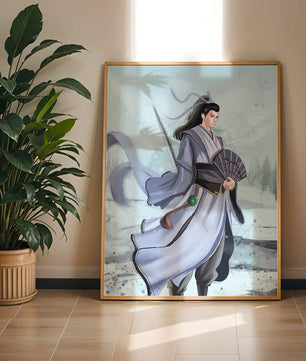 Guerrier élégant en tenue traditionnelle avec robes flottantes et éventail