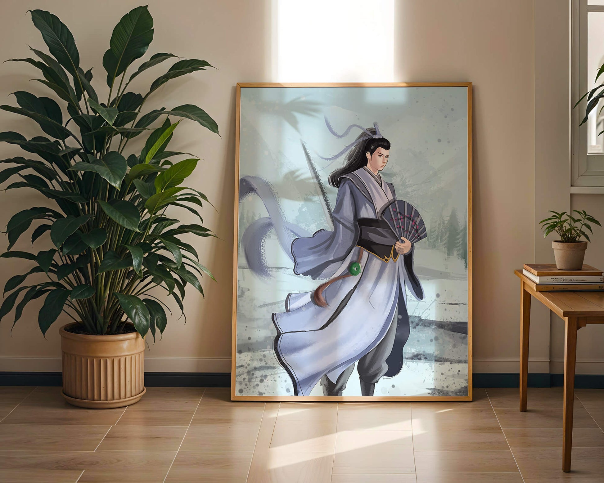 Elegant warrior in traditional attire with flowing robes and fan