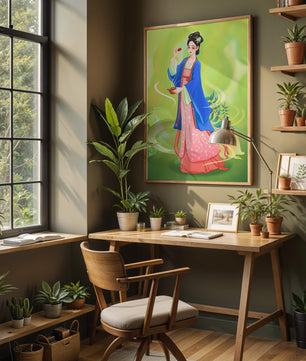 Diseño elegante de mujer en vestimenta tradicional del Este Asiático