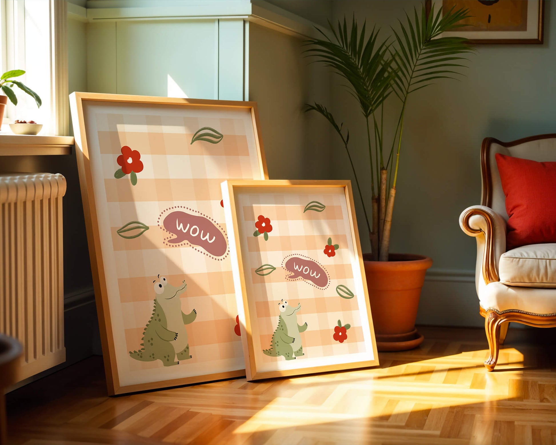 Playful Crocodile With Flowers And Speech Bubble On Checkered Background