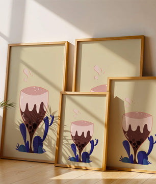 Illustration eines skurrilen Weinglases mit Flüssigkeitsspritzern und violetten Pflanzen