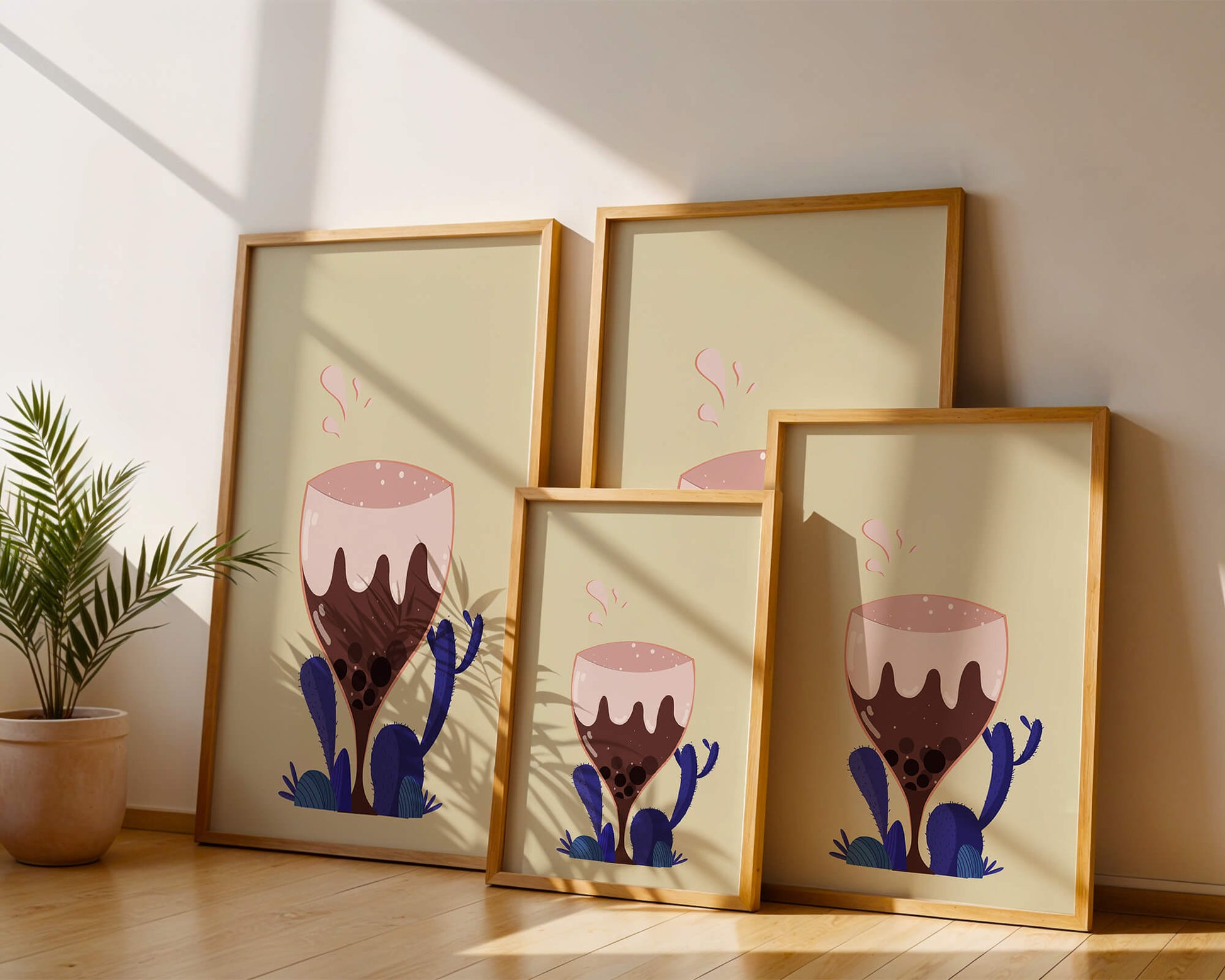 Illustration of a whimsical wine glass with liquid splash and purple plants