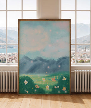 Serene Landscape with Blooming Flowers and Majestic Mountains