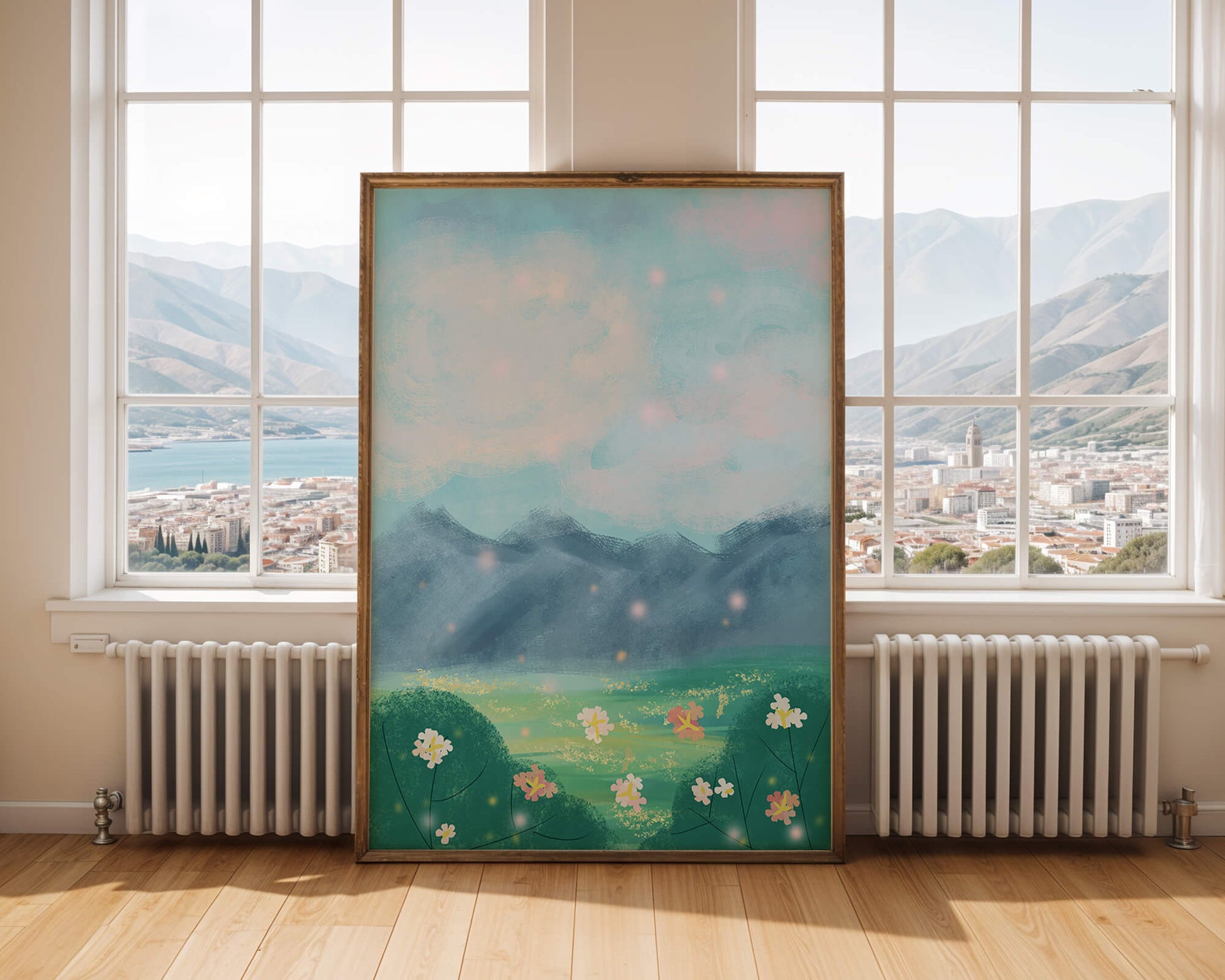 Serene Landscape with Blooming Flowers and Majestic Mountains