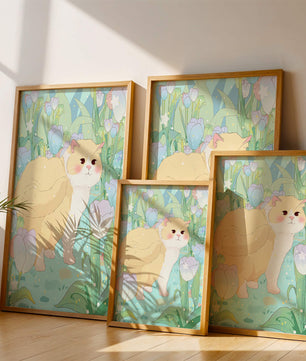 Charmante illustration d’un chat dans un jardin luxuriant de tulipes