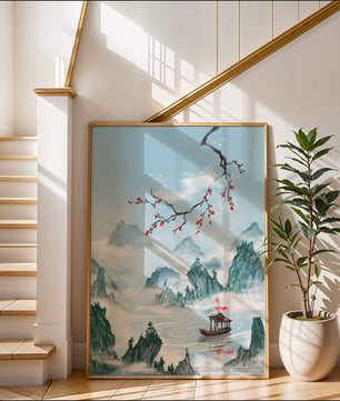 Chinese Landscape with Cherry Blossoms and Boat in Misty Mountains - Mi tienda