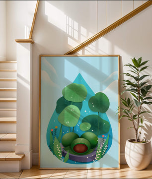Nature-inspired abstract illustration with leaves and spheres