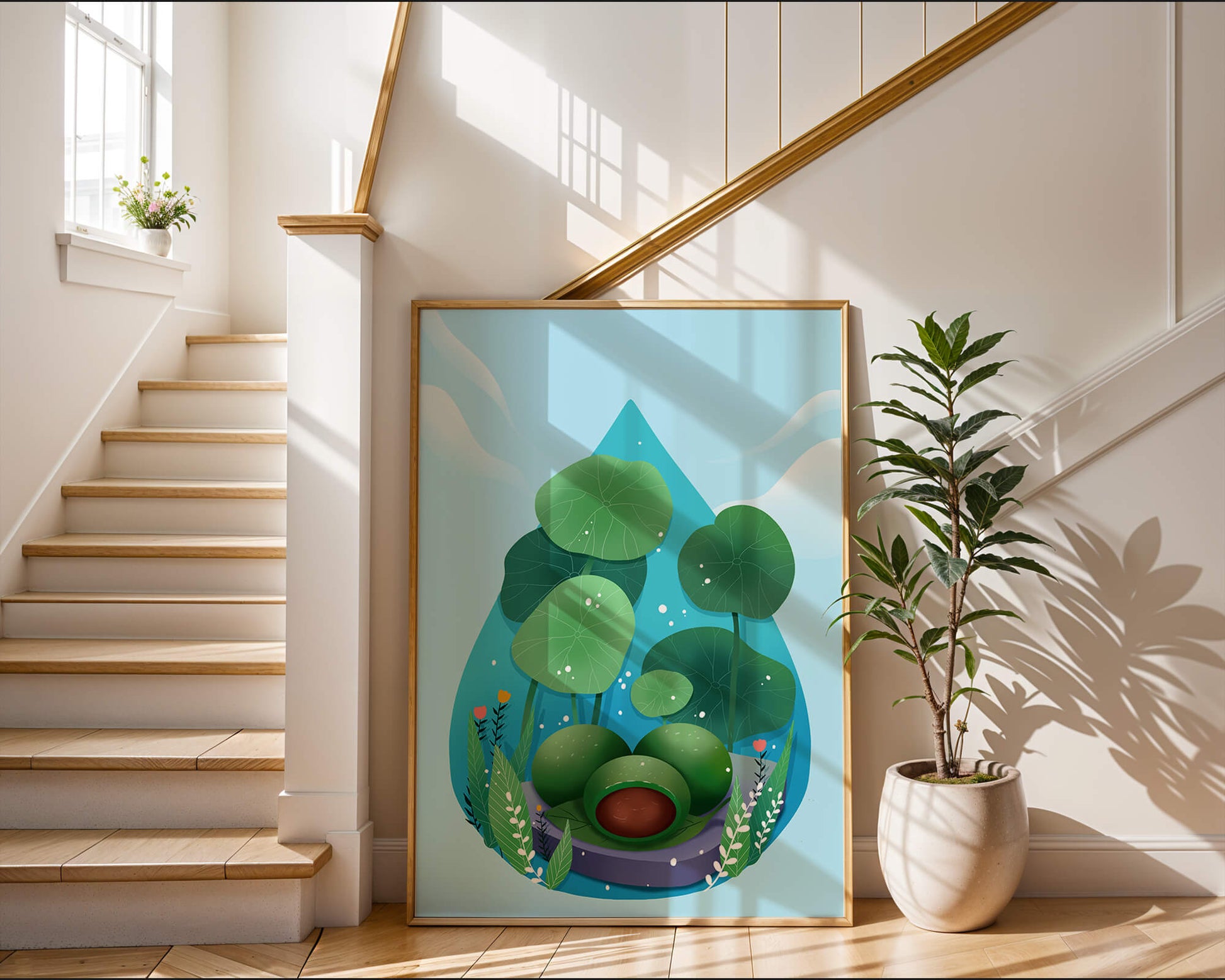 Nature-inspired abstract illustration with leaves and spheres