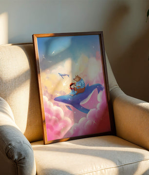 Fantasy illustration of girl and bear riding a whale through colorful clouds
