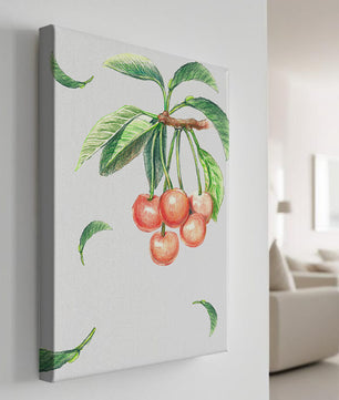 Ilustración realista de rama de cerezo con hojas verdes