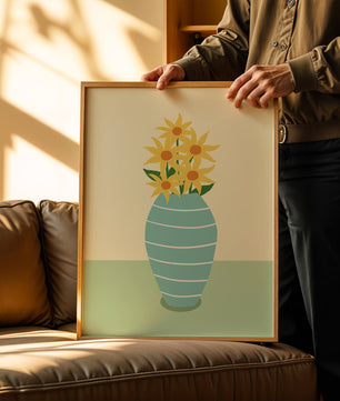 Yellow Sunflowers in a Blue Striped Vase on a Minimalist Background - Mi tienda