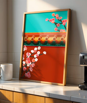 Arquitectura asiática tradicional con cerezos en flor