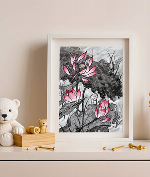 Illustration complexe de fleurs de lotus roses avec des feuilles
