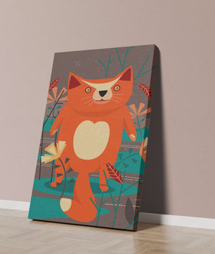 Illustration Of A Cute Orange Cat Surrounded By Stylized Trees And Plants