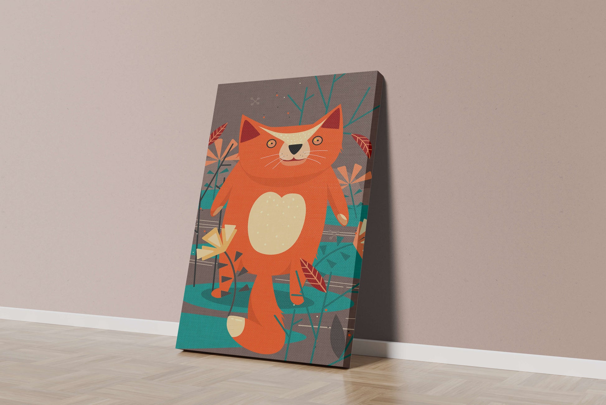 Illustration Of A Cute Orange Cat Surrounded By Stylized Trees And Plants