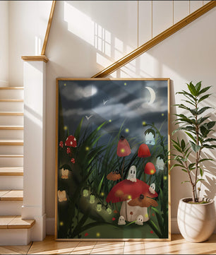 Enchanted night scene with glowing mushrooms and moonlit sky