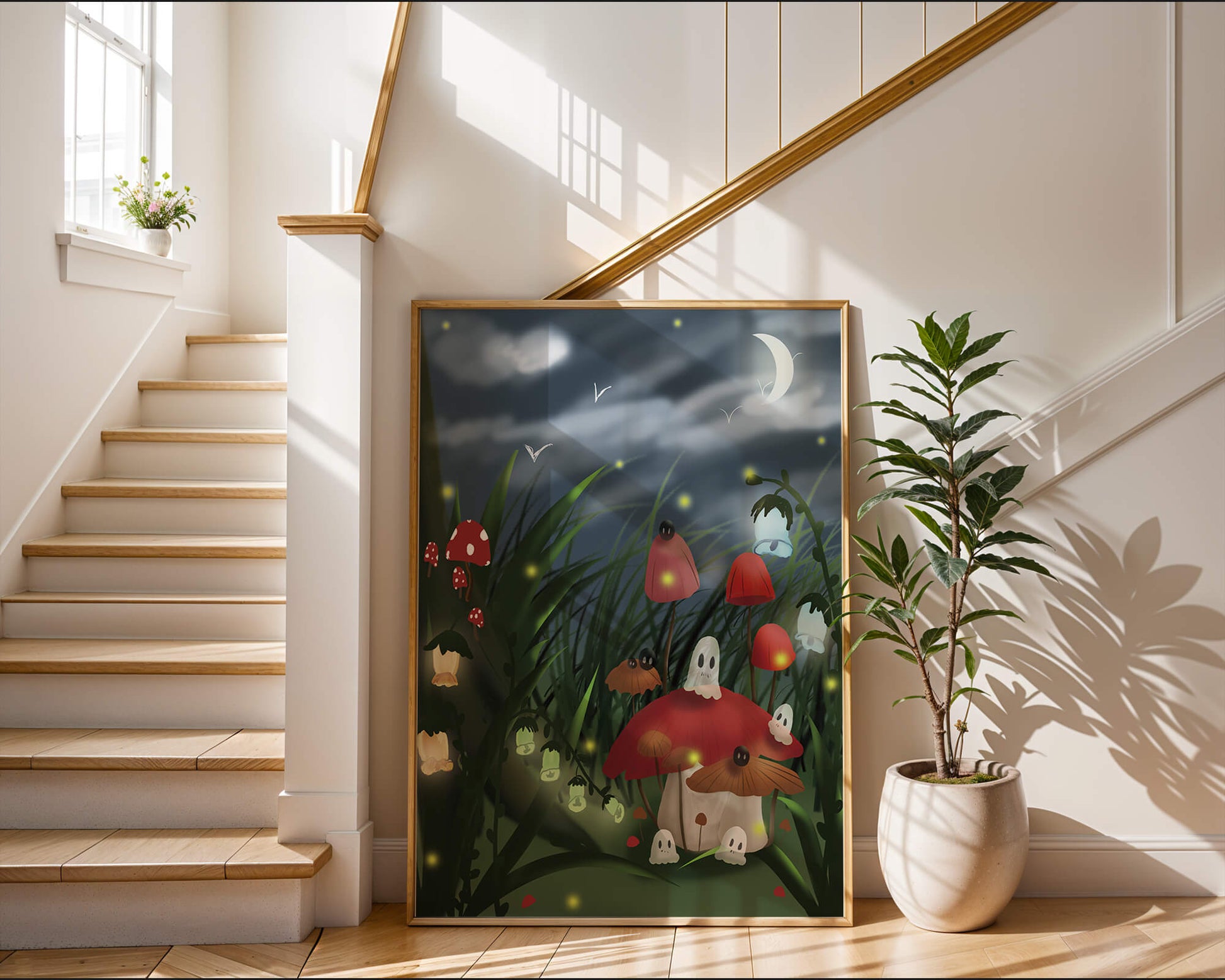 Enchanted night scene with glowing mushrooms and moonlit sky