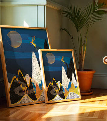 Abstract Landscape with Golden Deer and Surreal Moon