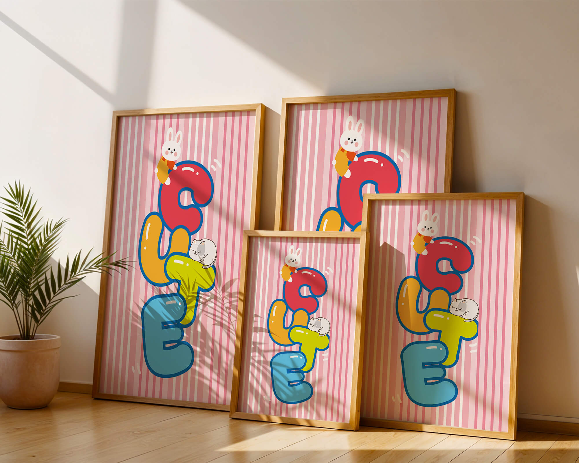 Playful cute illustration with bunny and kitten on colorful letters