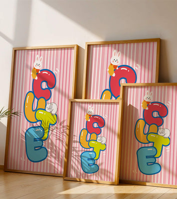 Playful cute illustration with bunny and kitten on colorful letters