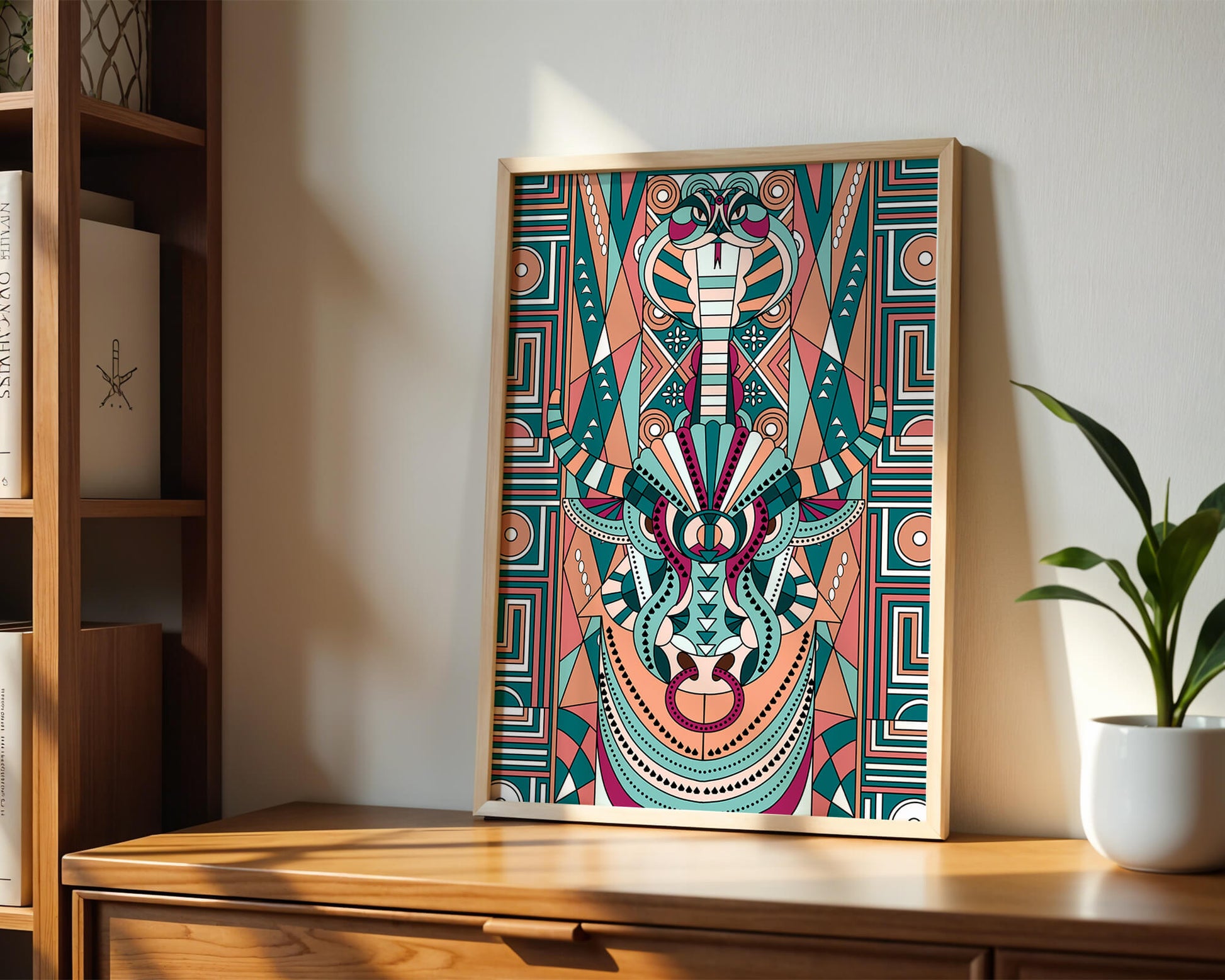 Colorful Geometric Animal and Snake Art Design with Tribal Patterns