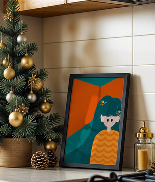 Colorful abstract illustration of a character with teal hair and orange background