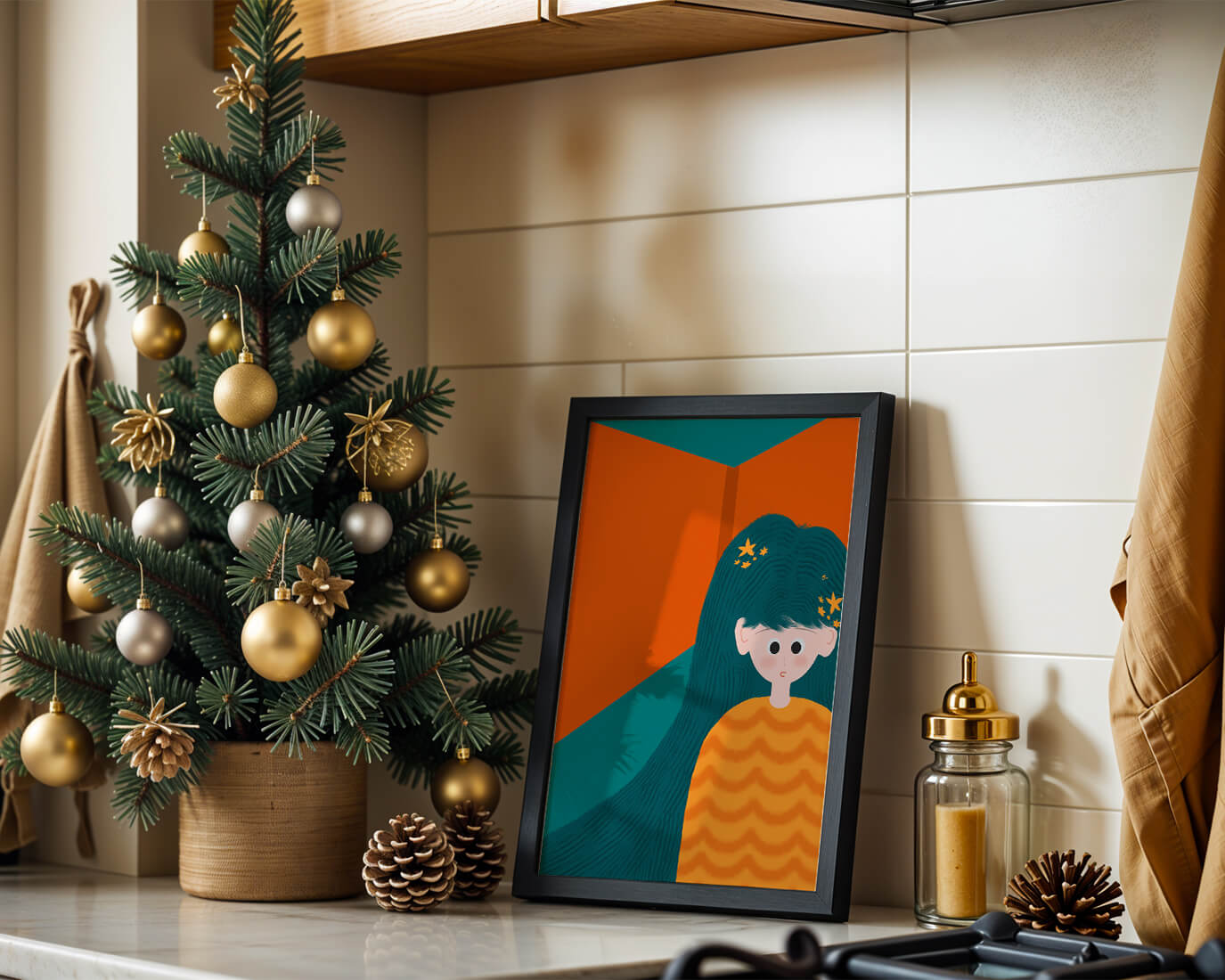 Colorful abstract illustration of a character with teal hair and orange background