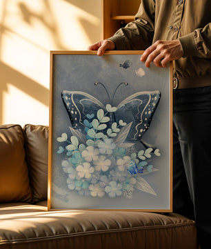 Elegant butterfly with blue floral arrangement artwork