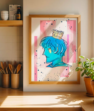 Illustration artistique d’un personnage au visage bleu avec une couronne dorée sur un fond abstrait