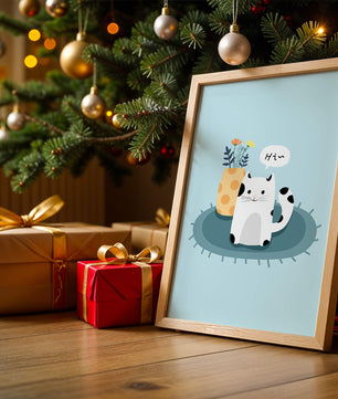 Cute illustration of a cat and flowers on a rug with a speech bubble