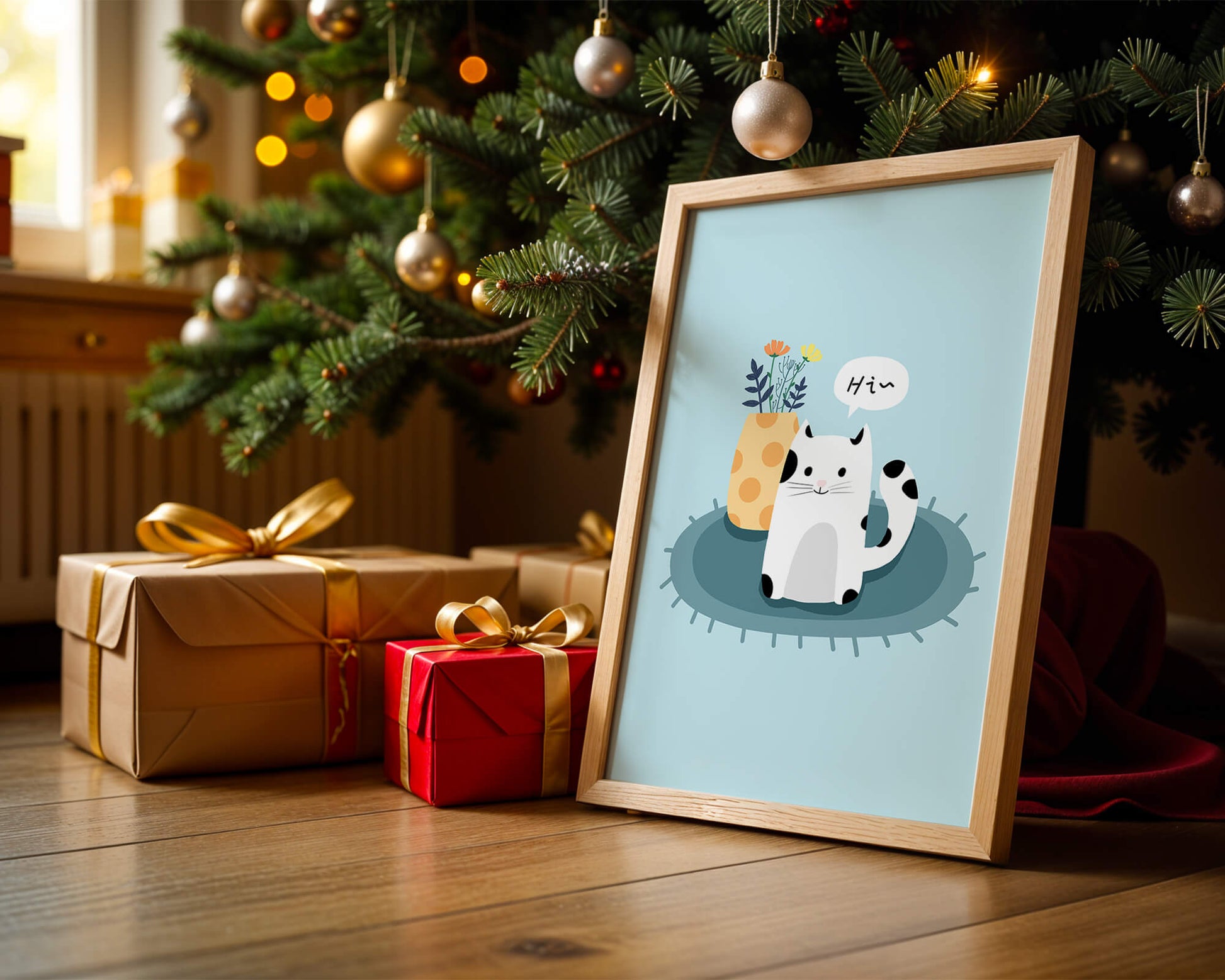 Cute illustration of a cat and flowers on a rug with a speech bubble