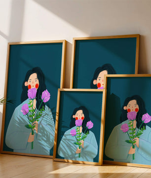 Illustration of a woman with purple flowers on a teal background