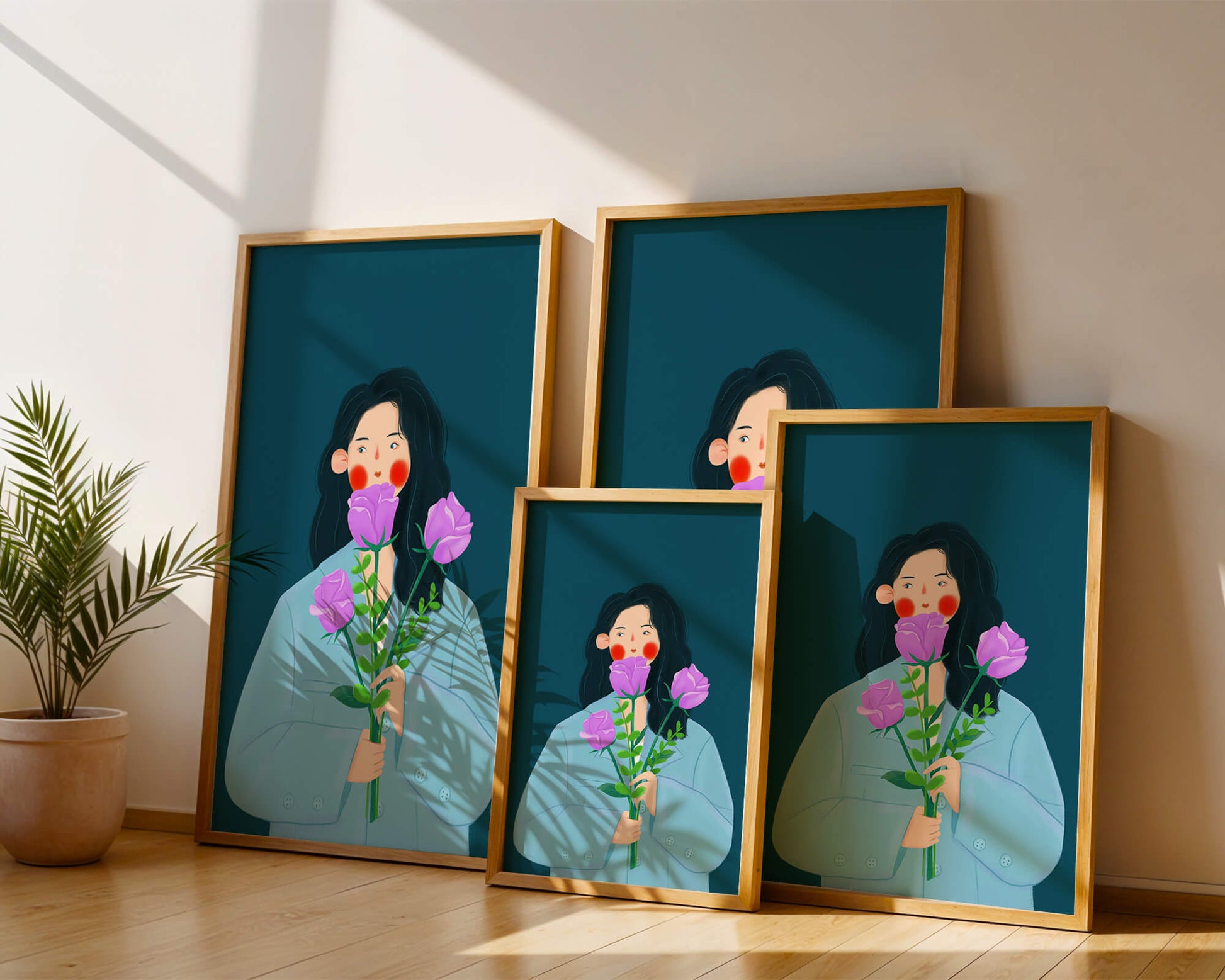 Illustration of a woman with purple flowers on a teal background