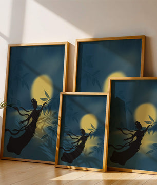 Silhouette of a Woman Reaching for Leaves in Front of a Full Moon