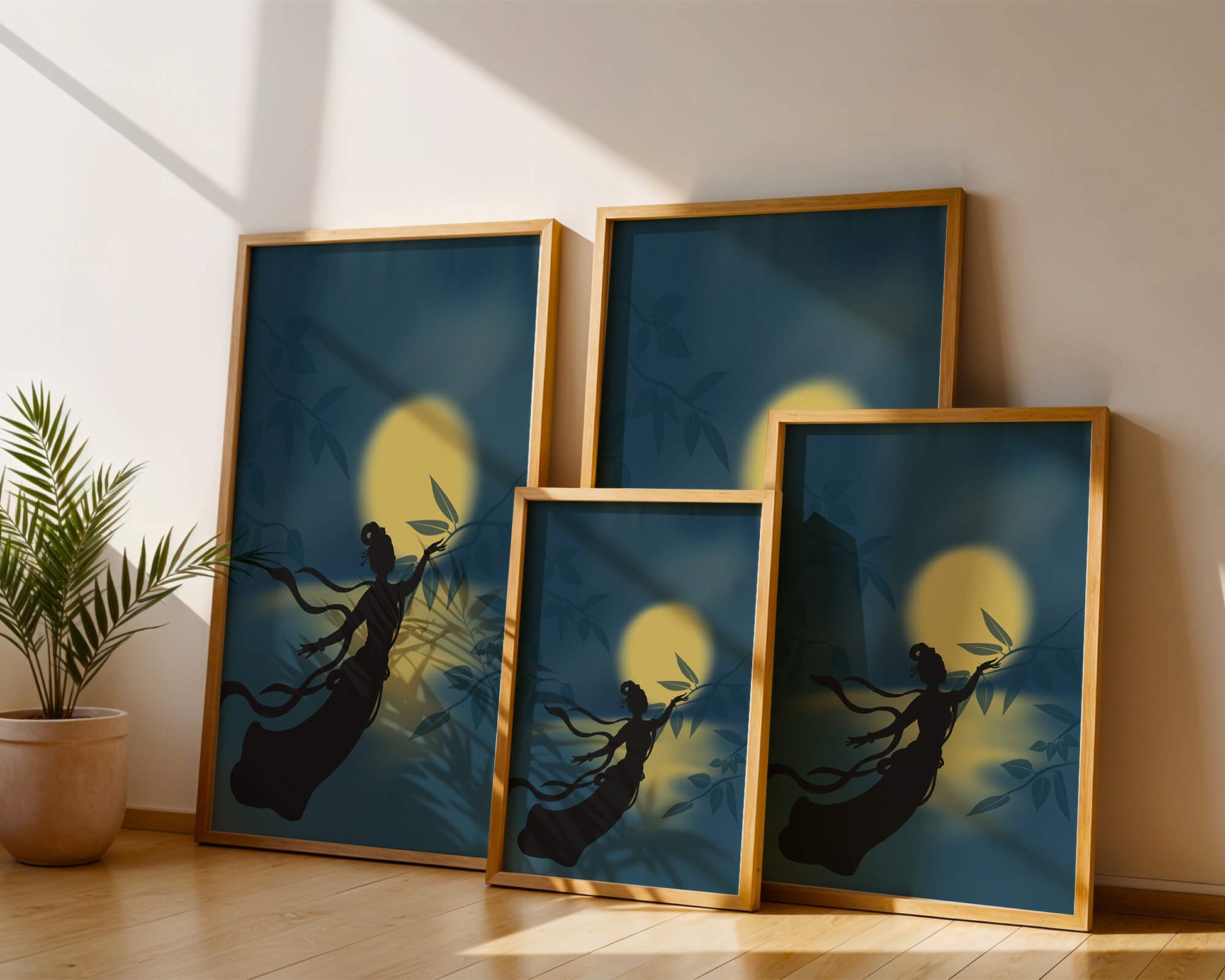 Silhouette of a Woman Reaching for Leaves in Front of a Full Moon