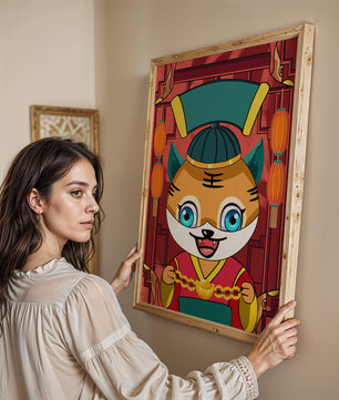 Tigre de dibujos animados colorido con linternas y elementos tradicionales