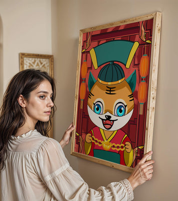 Colorful cartoon tiger with lanterns and traditional elements