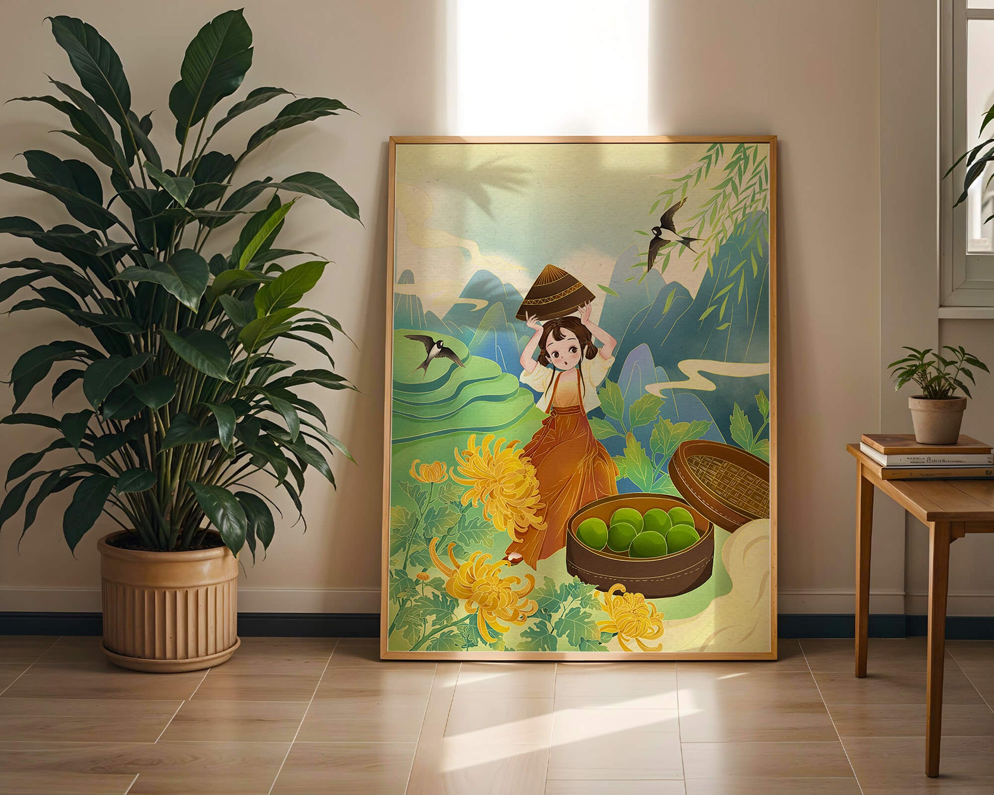Young girl with basket in vibrant mountain landscape with birds and flowers