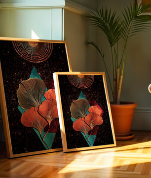 Traducción al español: Ilustración floral cósmica abstracta con elementos geométricos y acentos dorados