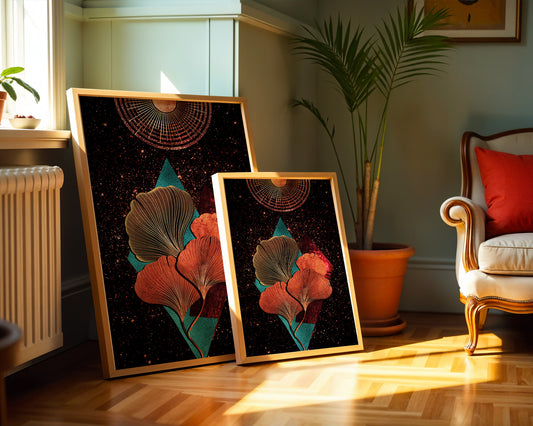Abstract cosmic floral illustration with geometric elements and golden accents