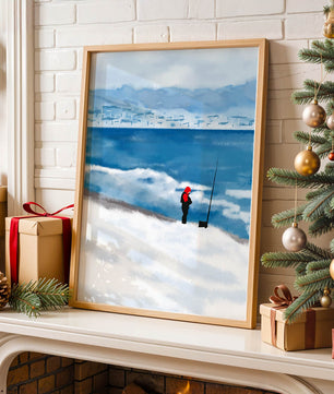 Winterlandschaft mit Person in roter Jacke am Meer