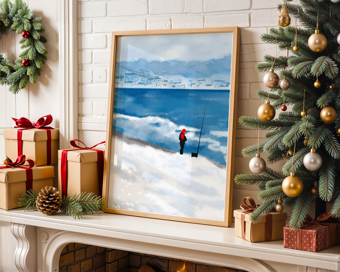 Winterlandschaft mit Person in roter Jacke am Meer