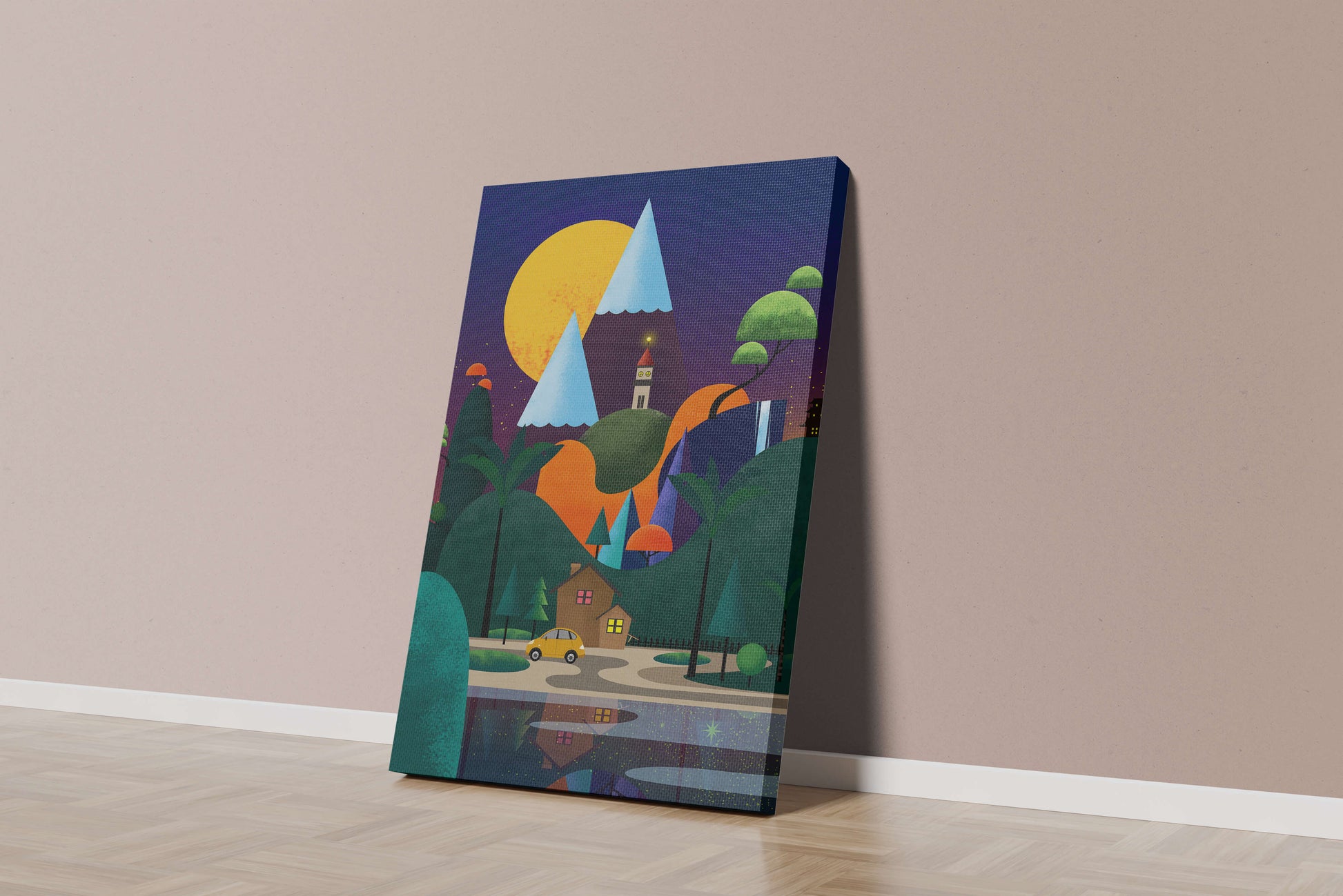 Colorful Modern Landscape with Geometric Elements and A House by The Lake Under The Night Sky