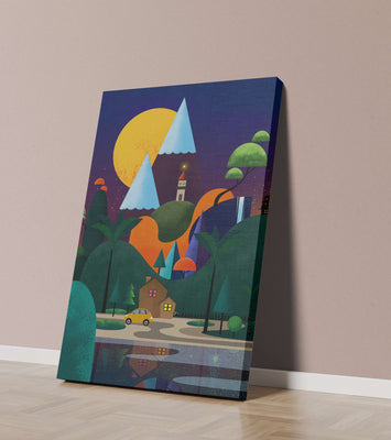 Colorful Modern Landscape with Geometric Elements and A House by The Lake Under The Night Sky