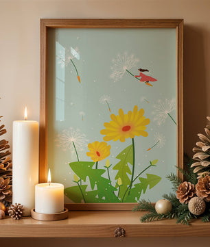 Whimsical illustration of a girl flying with dandelions in a colorful floral scene