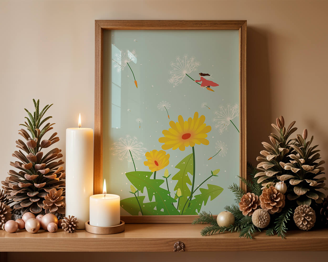Whimsical illustration of a girl flying with dandelions in a colorful floral scene