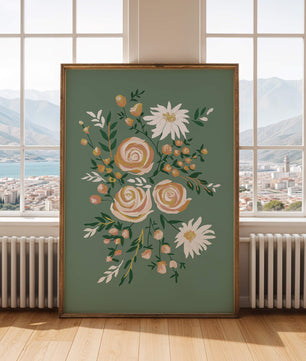 Floral illustration with roses and daisies on green background