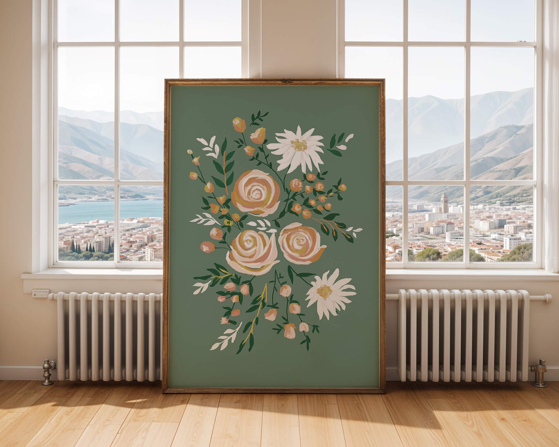 Floral illustration with roses and daisies on green background