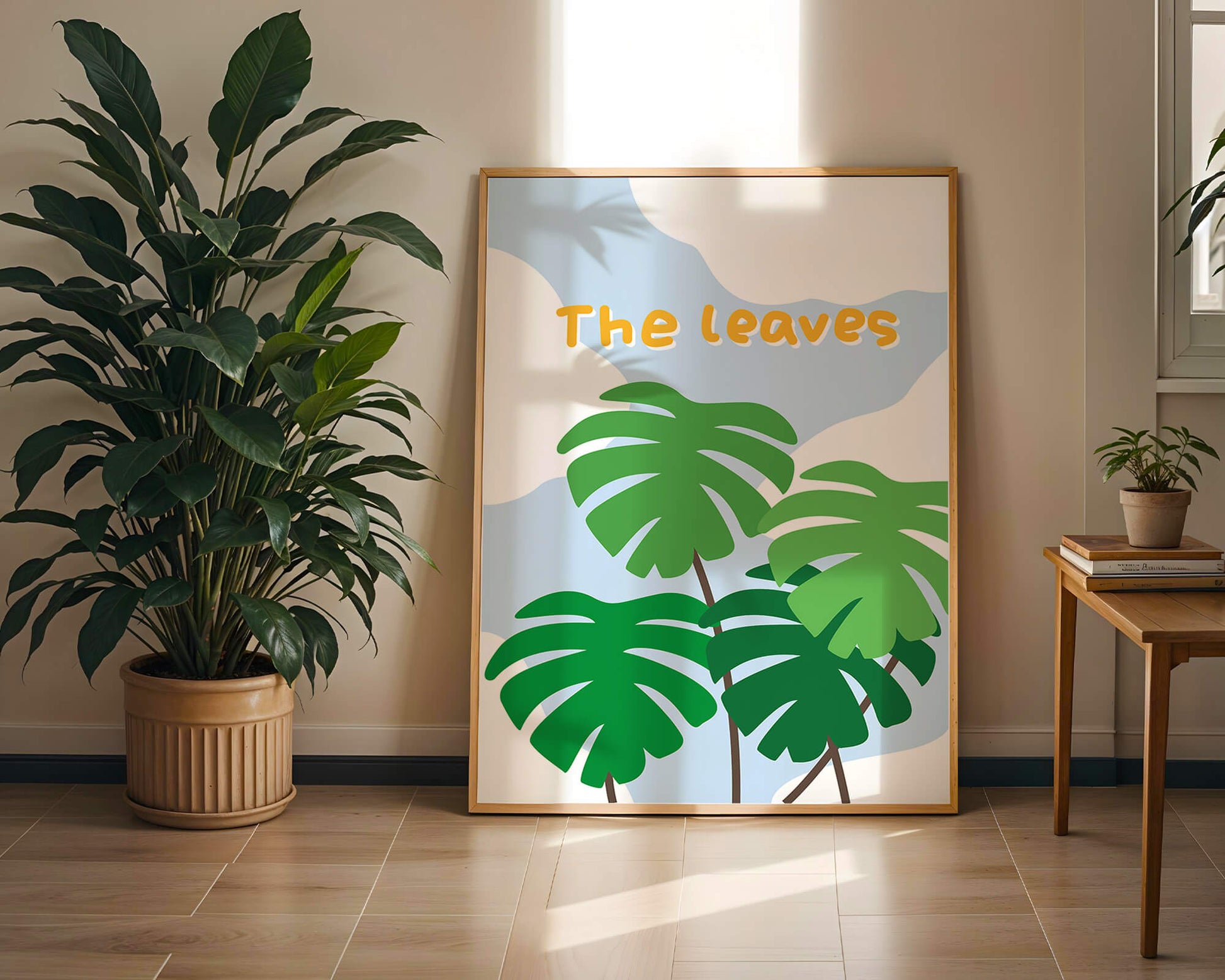 Illustrative tropical leaves with blue sky background for home decor