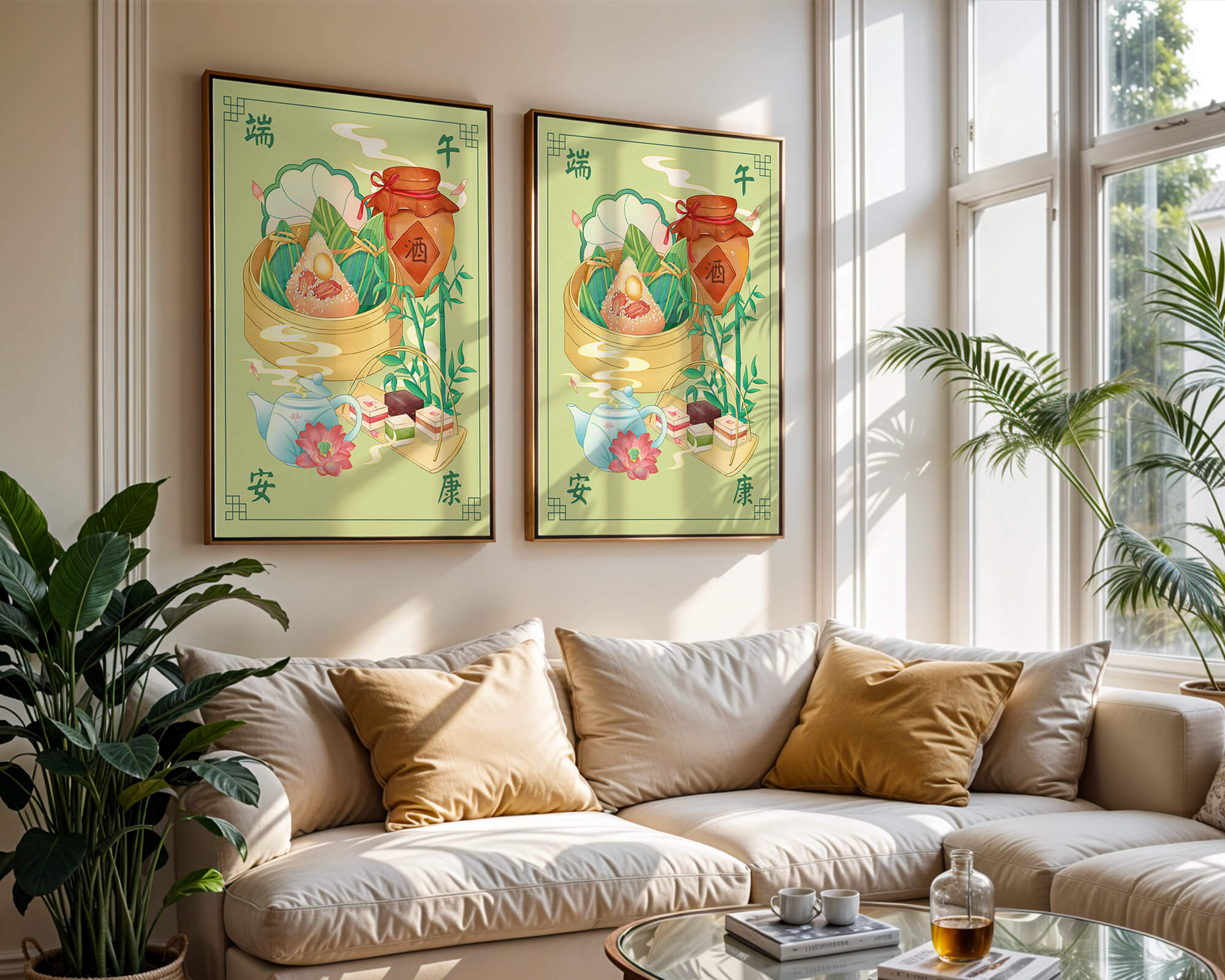 Chinese festive food illustration featuring traditional rice dumplings and tea set